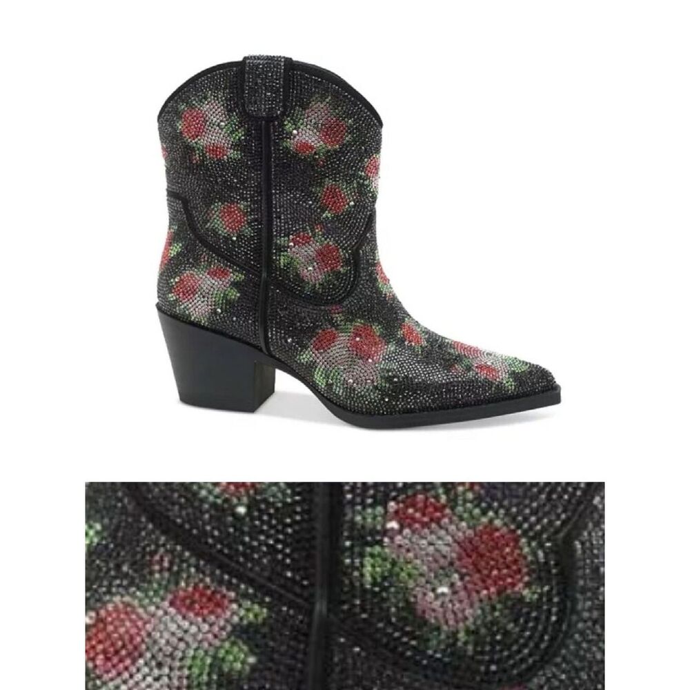 Wild Pair Lacey Black Bling Cowboy Boots SZ 7.5 NWT Pink Floral‎ Festie